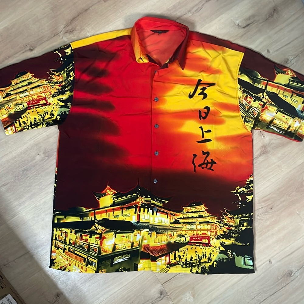 Y2K Mecca Sport Shanghai Rooftops Shirt. Size XL. Good Used Condition Red/Yellow